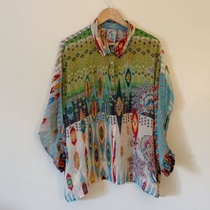 Johnny Was EUC IKAT Print Button Down Shirt. Perfectly fun tunic over leggings